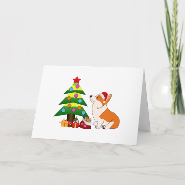 Walesisk Corgitecknad för helgdag med träd Helgkort (Framsida)