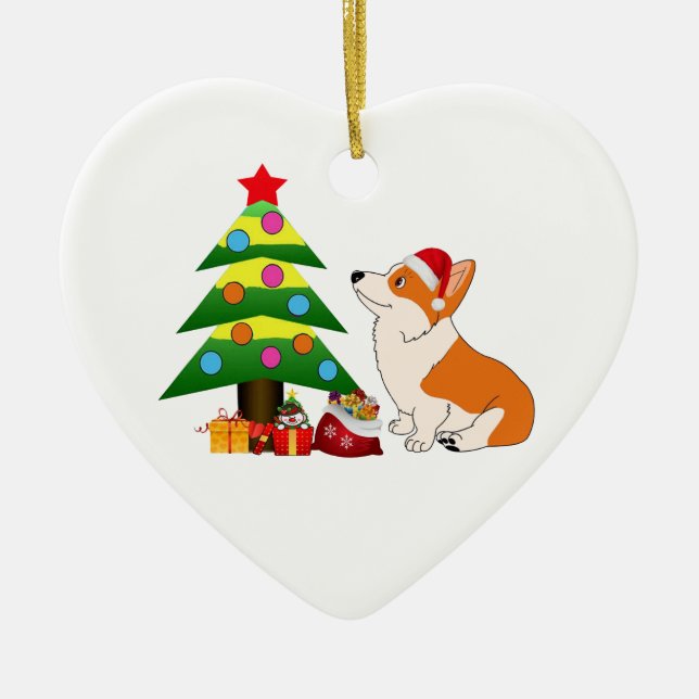 Walesisk Corgitecknad för helgdag med träd Julgransprydnad Keramik (Framsidan)