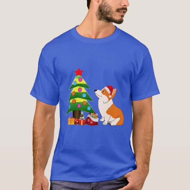 Walesisk Corgitecknad för helgdag med träd T-shirt (Framsida)