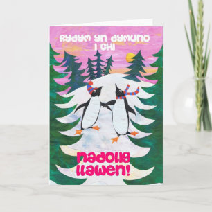 Walesisk julkort - åka skridskor pingvin helgkort