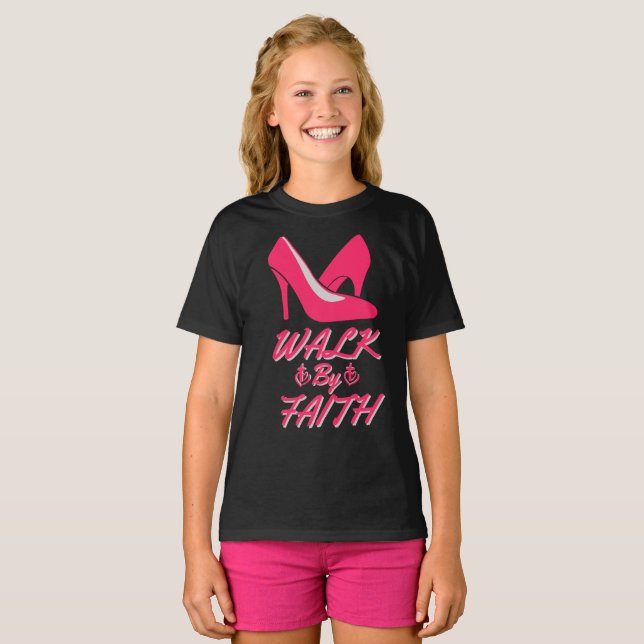 Walk by Faith Shock rosa Bible Quote Girl T Shirt (Hel framsida)