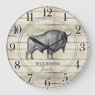 Walking Bison Buffalo Rustic Wood Family Namn Stor Klocka