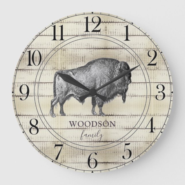 Walking Bison Buffalo Rustic Wood Family Namn Stor Klocka (Framsida)