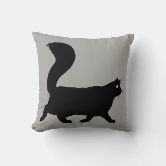 Walking Black Cat | Coola Kattunge med Fluffy Svan Kudde (Framsida)