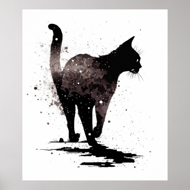 Walking Cat Silhouette Black on White Poster (Framsidan)