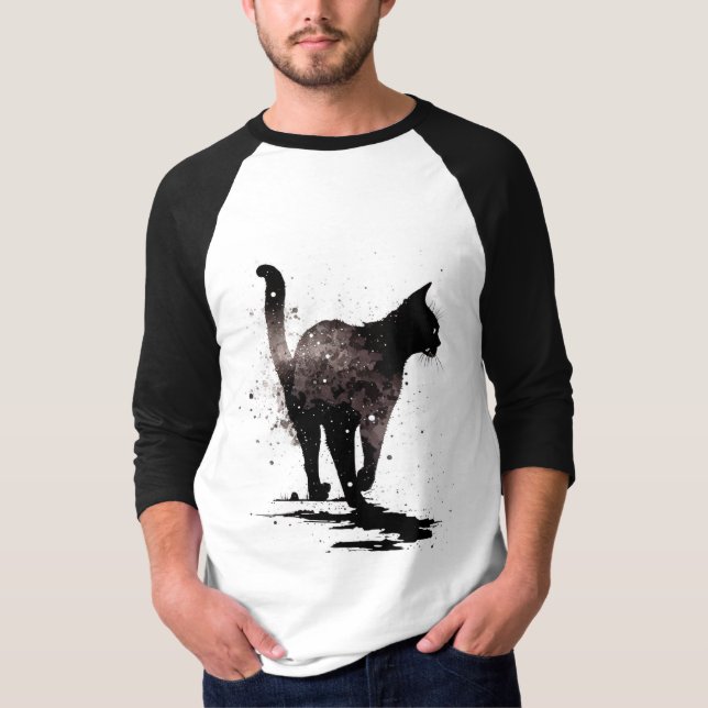 Walking Cat Silhouette Black on White T Shirt (Framsida)