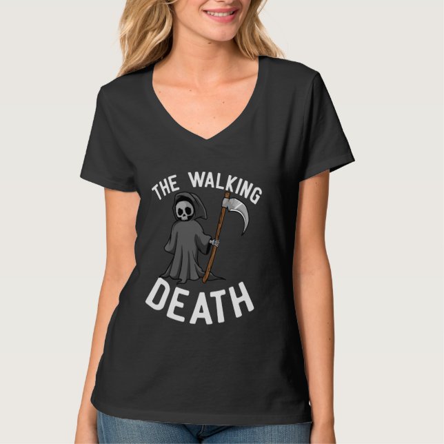 Walking Death Skeleton Scyte Funny Grim Reaper T Shirt (Framsida)