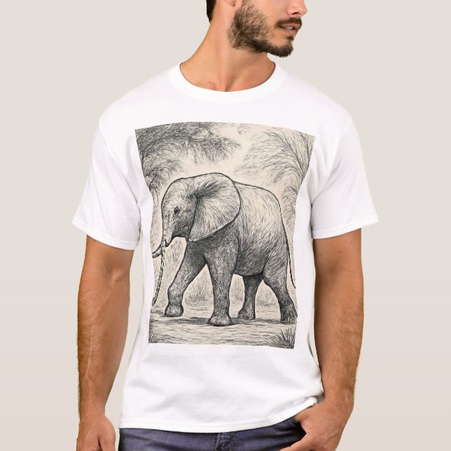 Walking Elephant Sketch - Natature Art Stil T Shirt (Framsida)