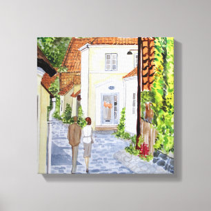 Walking Home Danish Townscape Acrylic Painting Canvastryck