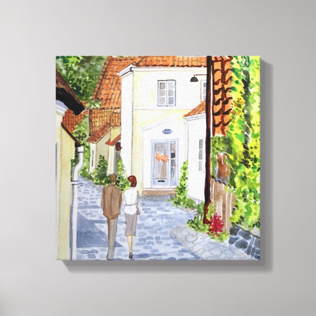 Walking Home Danish Townscape Acrylic Painting Canvastryck (Framsida)