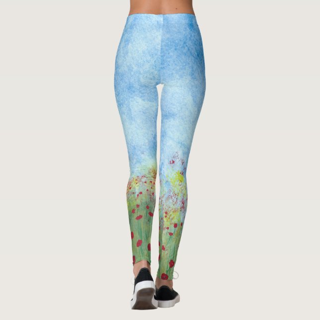 Walking in fält of red poppies blå himmel leggings (Baksida)