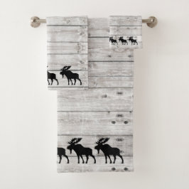 Walking Moose Grått Wood Mönster Bath Towset Set