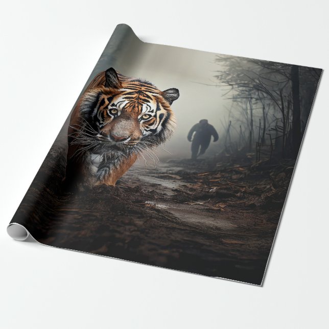 Walking Old Black and orange tiger surreal skog Presentpapper (Utrullad)