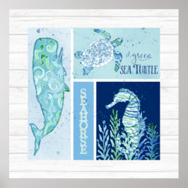 Wall Art Beach Ocean Shore Whale Turtle Seahorse Poster