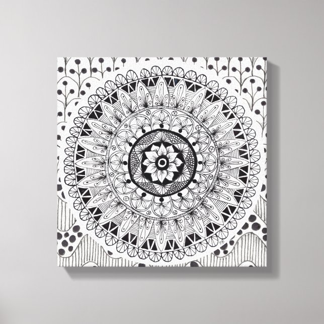 Wall Art Black and White Medallion Doodle Canvastryck (Framsida)