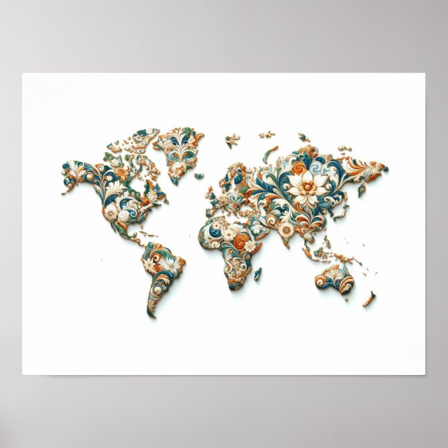 Wall Art World Map med Majolica-design Poster (Framsidan)