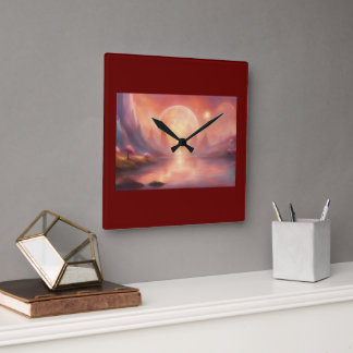 Wall Clock Burgundy färg, Abstrakt Fyrkantig Klocka