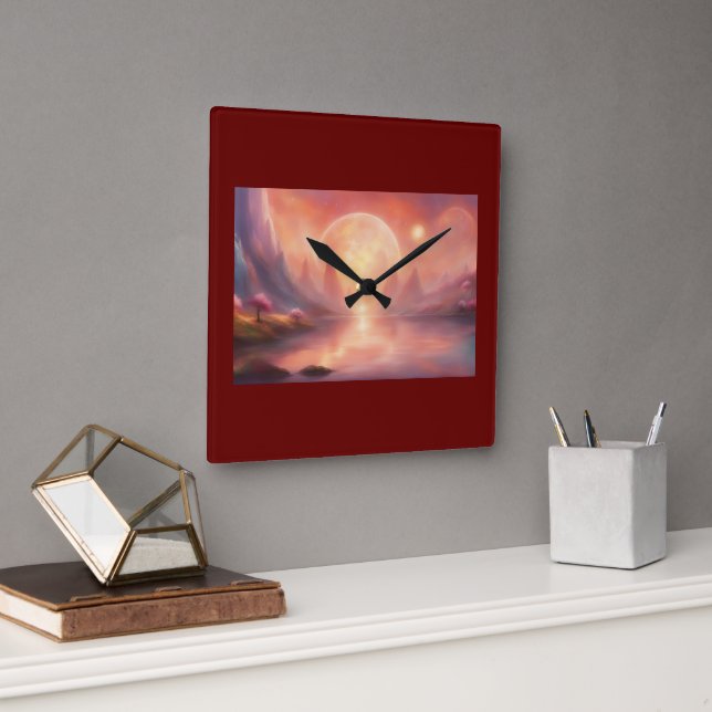 Wall Clock Burgundy färg, Abstrakt Fyrkantig Klocka (Kontor)