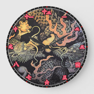 Wall Clock Dragons Temple Japanska Kanji Numerals Stor Klocka