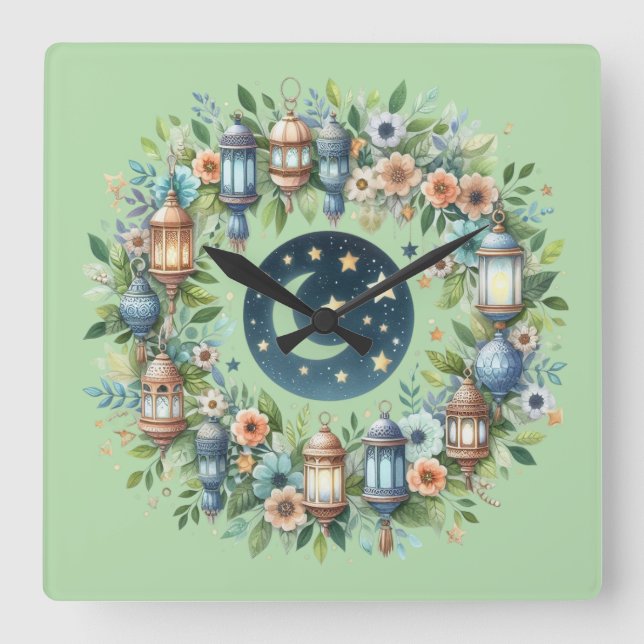 Wall Clock-Eid Mubarak Wreath Wall Clock Fyrkantig Klocka (Framsida)
