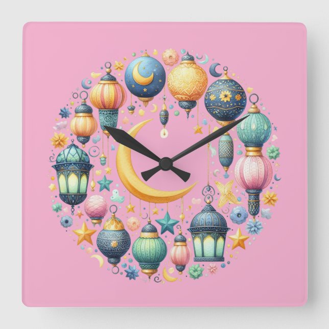Wall Clock-Eid Mubarak Wreath Wall Clock Fyrkantig Klocka (Framsida)