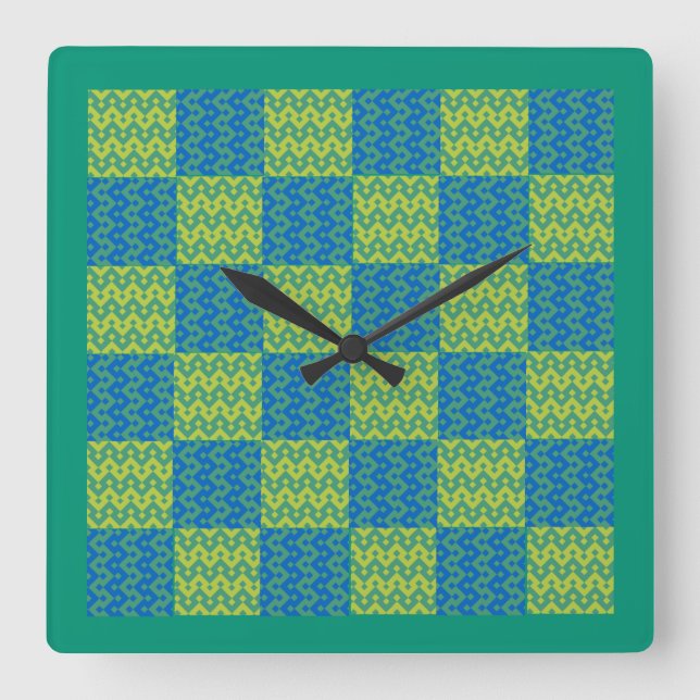 Wall Clock, Emerald and Blue Patchwork Mönster Fyrkantig Klocka (Framsida)