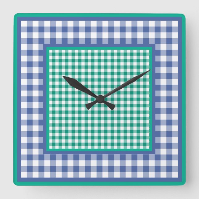 Wall Clock, Emerald Grönt och Blue Check Gingham Fyrkantig Klocka (Framsida)