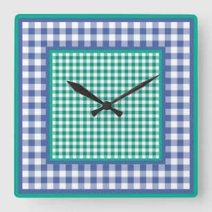 Wall Clock, Emerald Grönt och Blue Check Gingham Fyrkantig Klocka