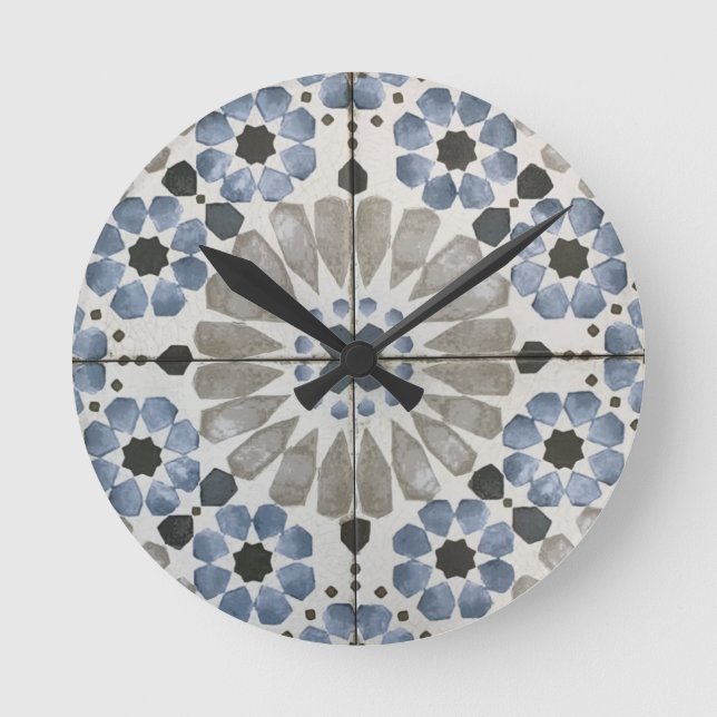 Wall Clock - Floral Designer Blue Grey Replica Rund Klocka (Framsida)