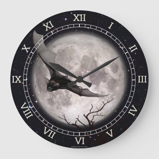 Wall Clock Flying Fladdermus, Full Moon, Gothic, V Stor Klocka (Framsida)