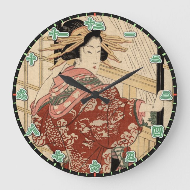 Wall Clock Geisha Dam Japanska Kanji Numerals Stor Klocka (Framsida)