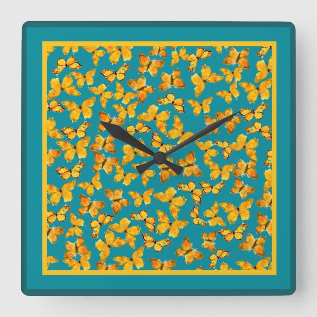 Wall Clock, Golden Butterflies på Teal Fyrkantig Klocka (Framsida)