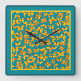 Wall Clock, Golden Butterflies på Teal Fyrkantig Klocka
