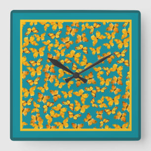 Wall Clock, Golden Butterflies på Teal Fyrkantig Klocka