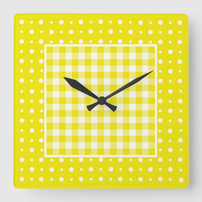 Wall Clock, Gult Check Gingham och Polka dots Fyrkantig Klocka (Framsida)