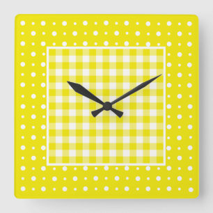 Wall Clock, Gult Check Gingham och Polka dots Fyrkantig Klocka