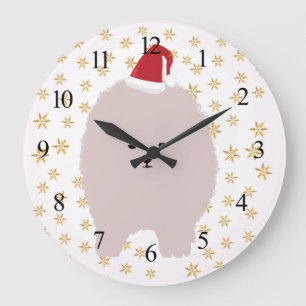 Wall Clock Hund, Pommern Hund Santa hat Stor Klocka
