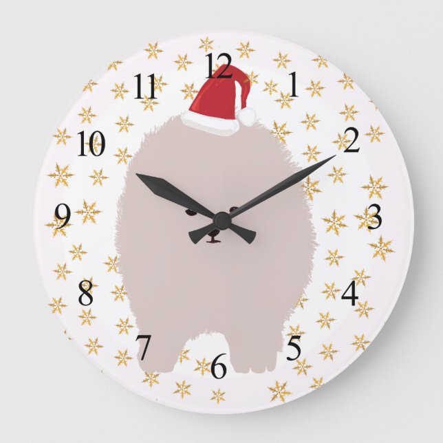 Wall Clock Hund, Pommern Hund Santa hat Stor Klocka (Framsida)