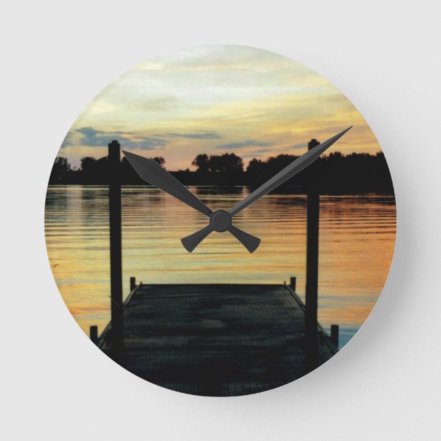 WALL CLOCK L@@K Retro docka sjö vatten solnedgång Rund Klocka (Framsida)
