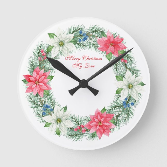 Wall Clock-Merry Xmas My Love Wreath Wall Clock Rund Klocka (Framsida)