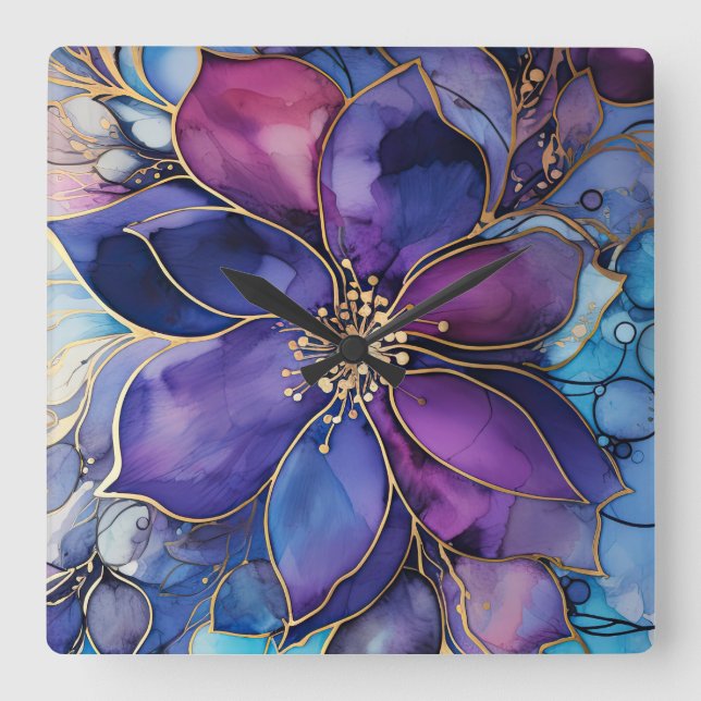 Wall Clock - Purple Blue Floral Gold Fyrkantig Klocka (Framsida)