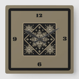 Wall Clock Sepia Medallions på Black Fyrkantig Klocka