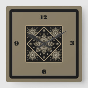 Wall Clock Sepia Medallions på Black Fyrkantig Klocka