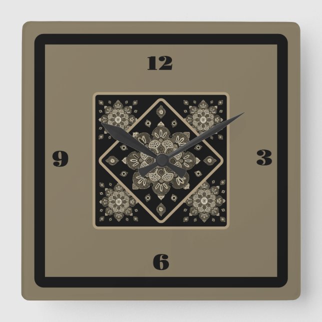 Wall Clock Sepia Medallions på Black Fyrkantig Klocka (Framsida)