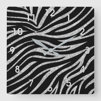 WALL CLOCK silver GLITTER OCH ZEBRA RÄNDER Fyrkantig Klocka