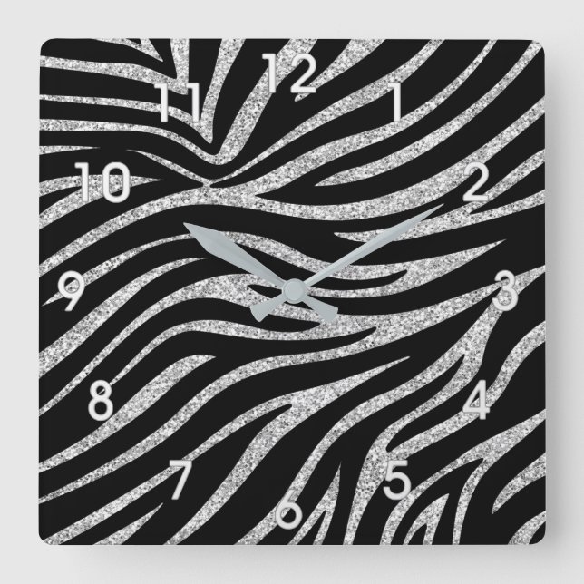 WALL CLOCK silver GLITTER OCH ZEBRA RÄNDER Fyrkantig Klocka (Framsida)