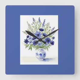 Wall Clock Vas av Wildblomme Blue White Fyrkantig Klocka