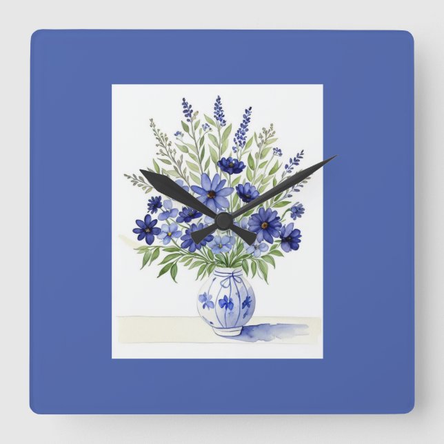 Wall Clock Vas av Wildblomme Blue White Fyrkantig Klocka (Framsida)