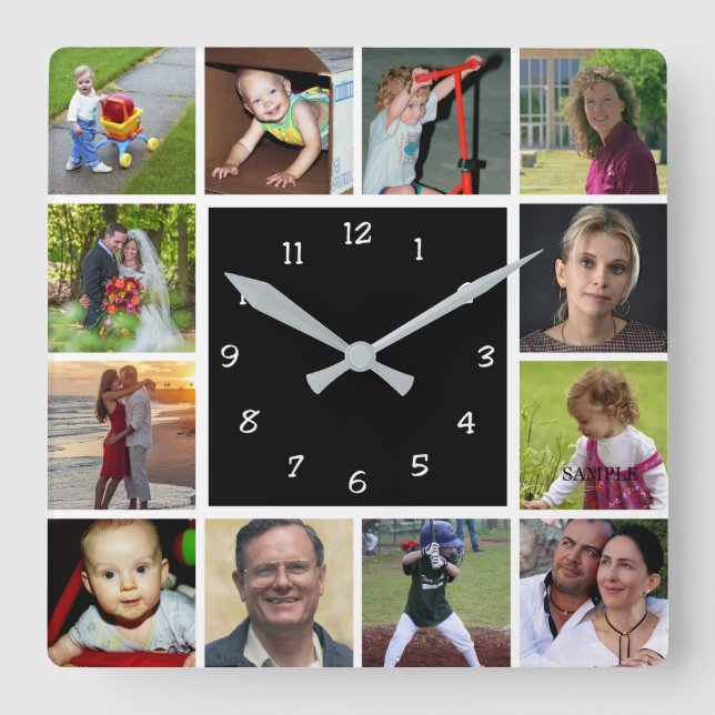 Wall Clock with 12 personal photos Fyrkantig Klocka (Framsida)