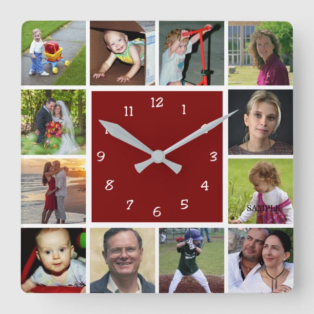 Wall Clock with 12 personal photos Fyrkantig Klocka (Framsida)